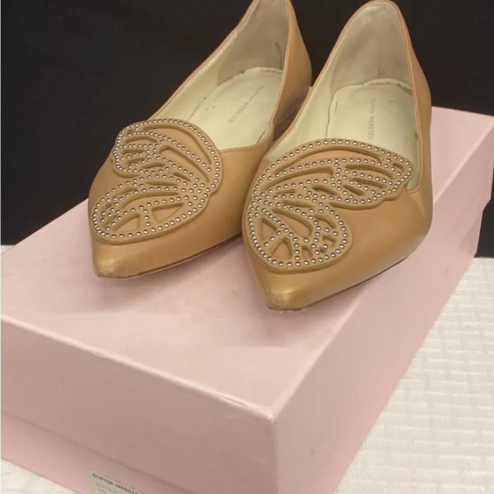 Sophia Webster Butterfly Flats Women's Size 39 Beige Pointed Toe Leather Shoes